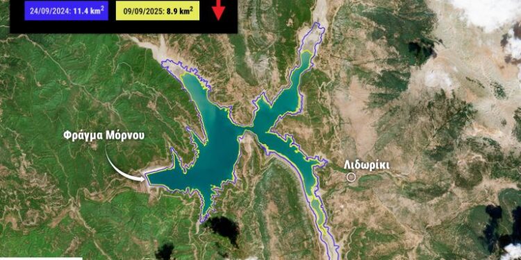 Τη μικρότερη έκταση των τελευταίων τουλάχιστον 10 ετών έχει η λίμνη του Μόρνου
